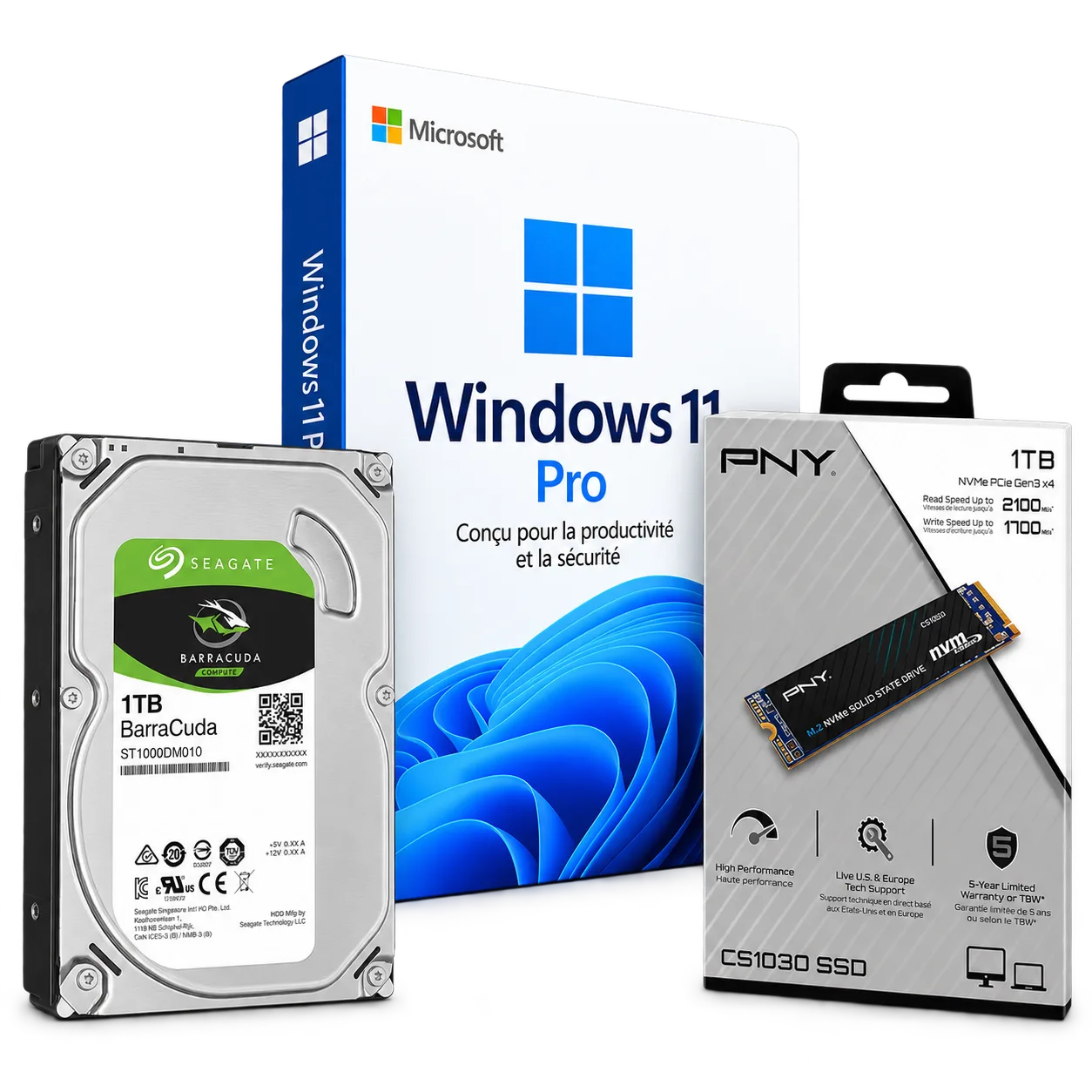 Pack Level Up Stockage | SSD NVMe 1To + HDD 1To | Windows 11 Pro