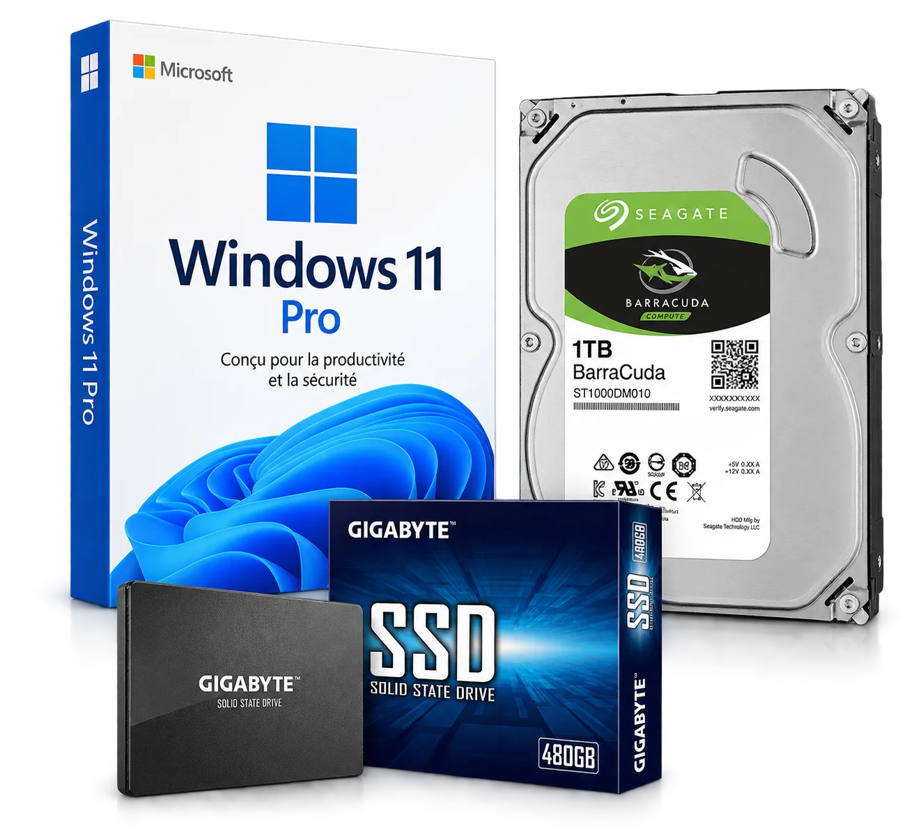 Pack Level Up Stockage | SSD SATA 480Go + HDD 1To | Windows 11 Pro