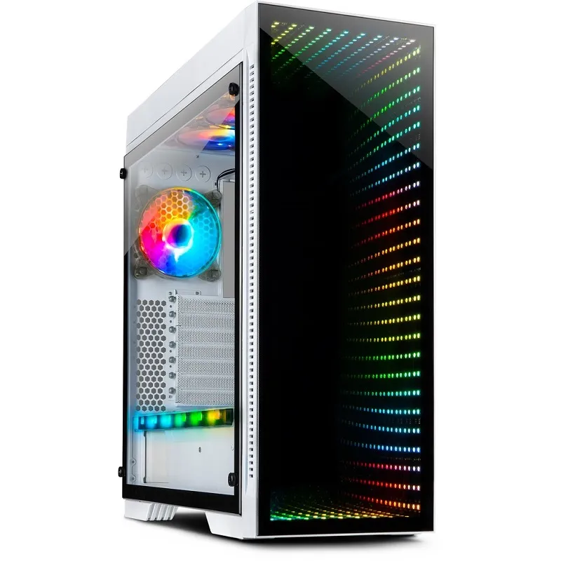 Boîtier PC Inter-Tech X-908 Infini2 blanc avec façade miroir infini RGB et panneau latéral en verre trempé