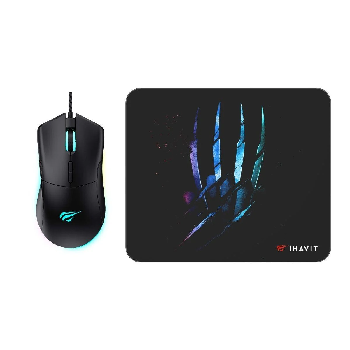 Pack HAVIT MS1037CM : souris gamer RGB filaire posée sur son tapis de souris