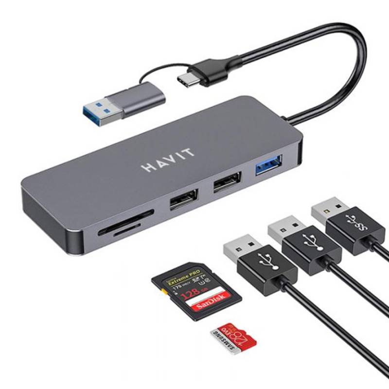 Hub USB-C HAVIT HV-H41 en aluminium avec ports USB-A et lecteur de cartes SD et microSD