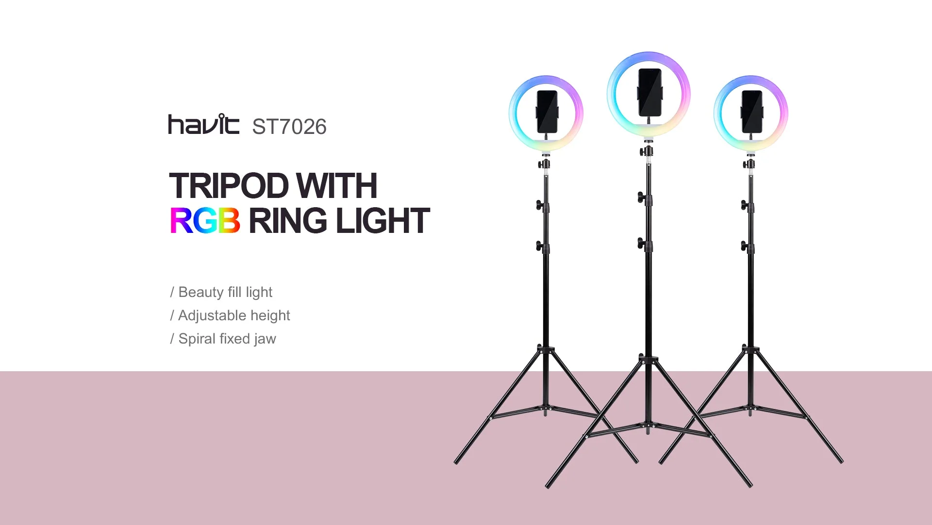 Anneau lumineux RGB HAVIT ST7026 sur son trépied noir
