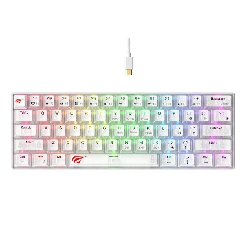 Clavier gamer mécanique HAVIT KB903L blanc à coque transparente, format 60 % de 61 touches, vue de dessus