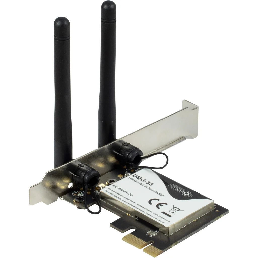 Carte Wi-Fi 5 PCIe double bande Inter-Tech PowerOn DMG-33 1300 Mbit/s avec ses deux antennes