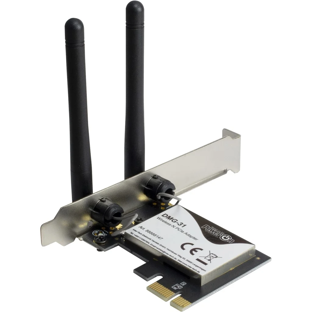 Carte Wi-Fi 4 PCIe Inter-Tech PowerOn DMG-31 avec ses deux antennes