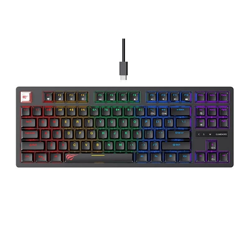 Clavier gamer mécanique HAVIT KB892L noir au format TKL de 87 touches, vue de dessus