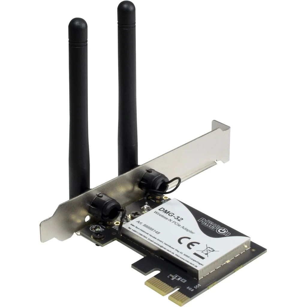 Carte Wi-Fi 5 PCIe double bande Inter-Tech PowerOn DMG-32 avec ses deux antennes