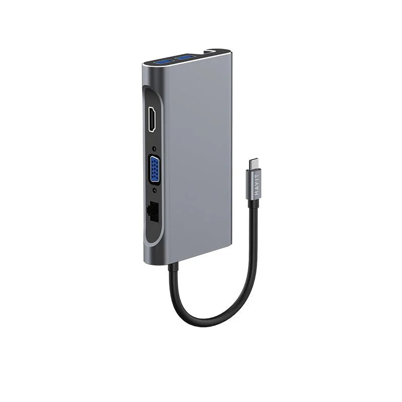Hub USB-C HAVIT HB4001 gris avec ports HDMI, VGA, RJ45, USB-A et USB-C PD