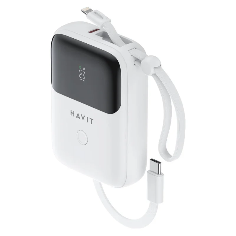 Batterie externe HAVIT PB5215 blanche avec câbles USB-C et Lightning intégrés