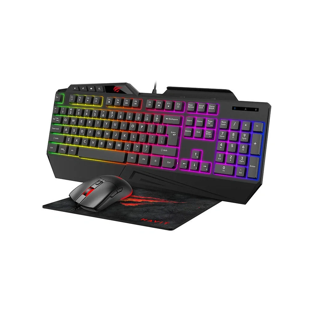 Pack gamer HAVIT KB501CM 4 en 1 : clavier rétroéclairé, souris RGB, casque micro et tapis de souris
